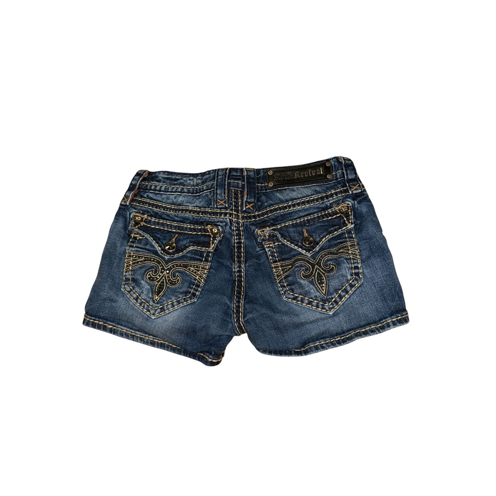 Rock Revival Sara H13 Denim Shorts Womens 27 Medium Wash Fleur De Lis Low Rise